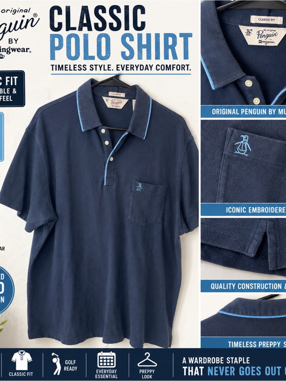 Original Penguin Navy Polo with Light Blue Trim